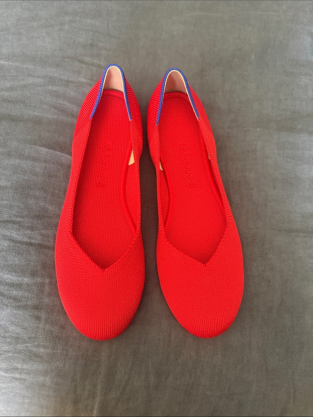 Rothy's Red Knit Ballet Flats with Blue Trim